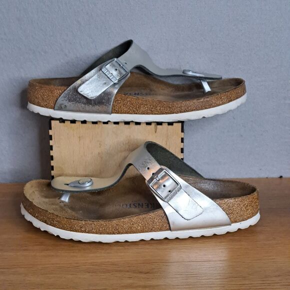 Birkenstock Gizeh Women 37 6 6.5 Silver Birko-Flor Thong Sandals Vegan Leather - Picture 5 of 11